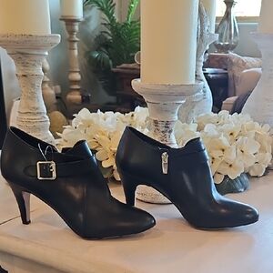 Vince Camuto Black Leather Ankle Booties with Side Buckle and Zip Detail